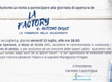 15 luglio, Invito giornata apertura della Factory di Autismo Onlus